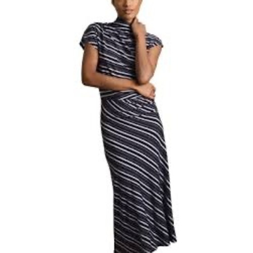 Reiss Dillion Blue Striped Ruched Draped Maxi Long Dress XL Sleeveless Sheath - Picture 3 of 12